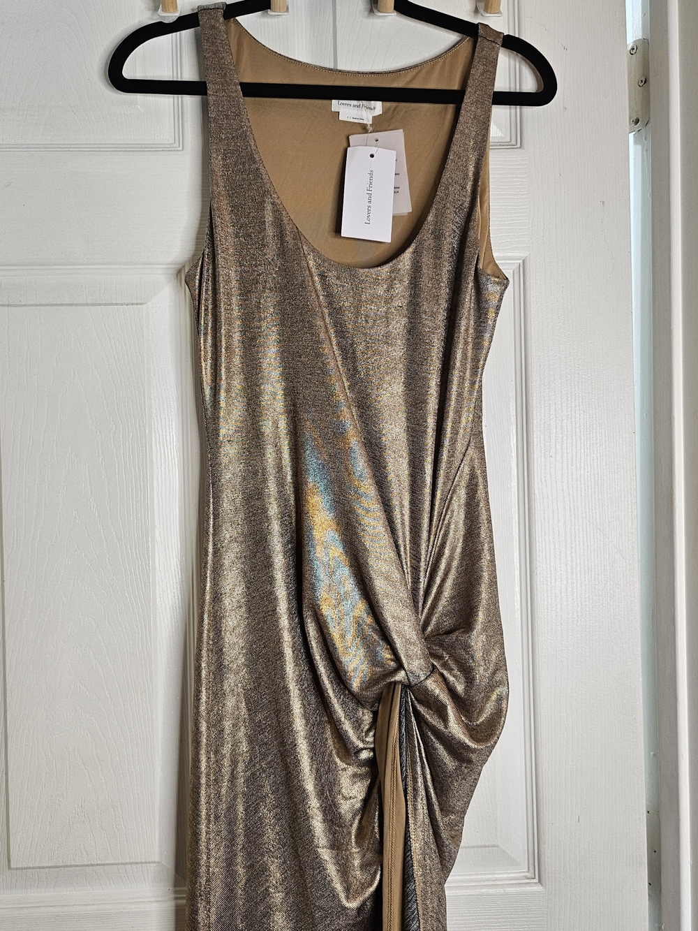 Lovers + Friends Metallic Gold Ruched Maxi Dress with High Slit - Picture 6 of 11